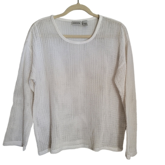 Chico's Tops - Chico's Top Size 0 S Small White Open Weave Long Sleeve Scoop Neck